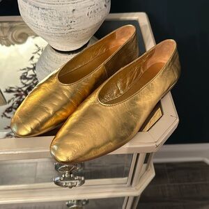 Gold metallic high vamp Jeffrey Campbell flat